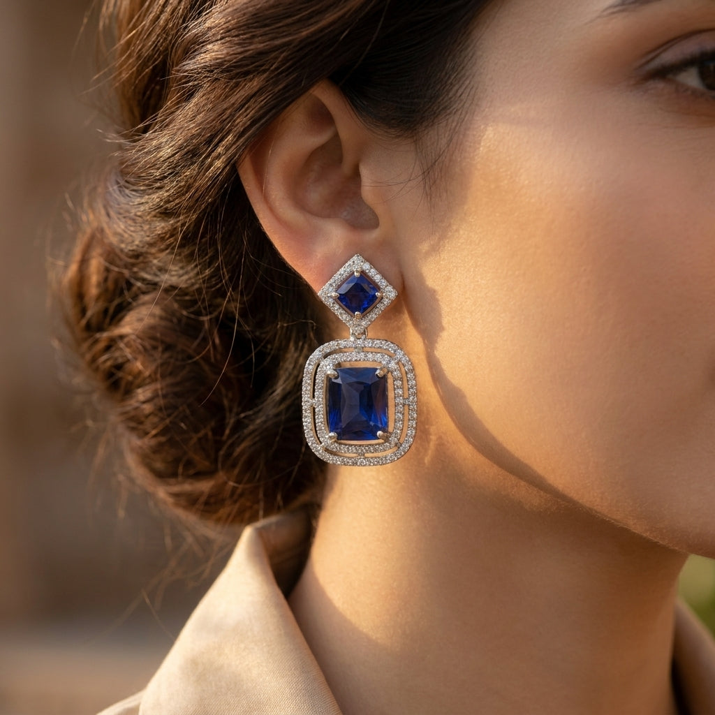 Royal Sapphire Cushion Halo Statement Earrings