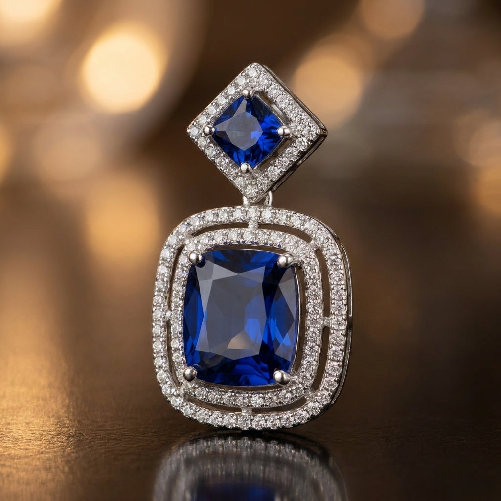 Royal Sapphire Cushion Halo Statement Earrings