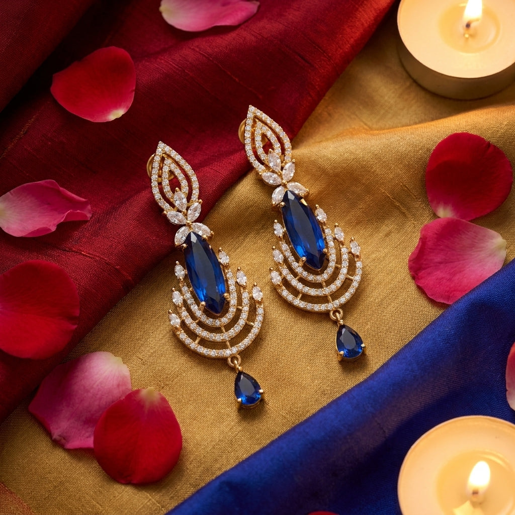 Royal Sapphire Cascade Statement Earrings - festive styling