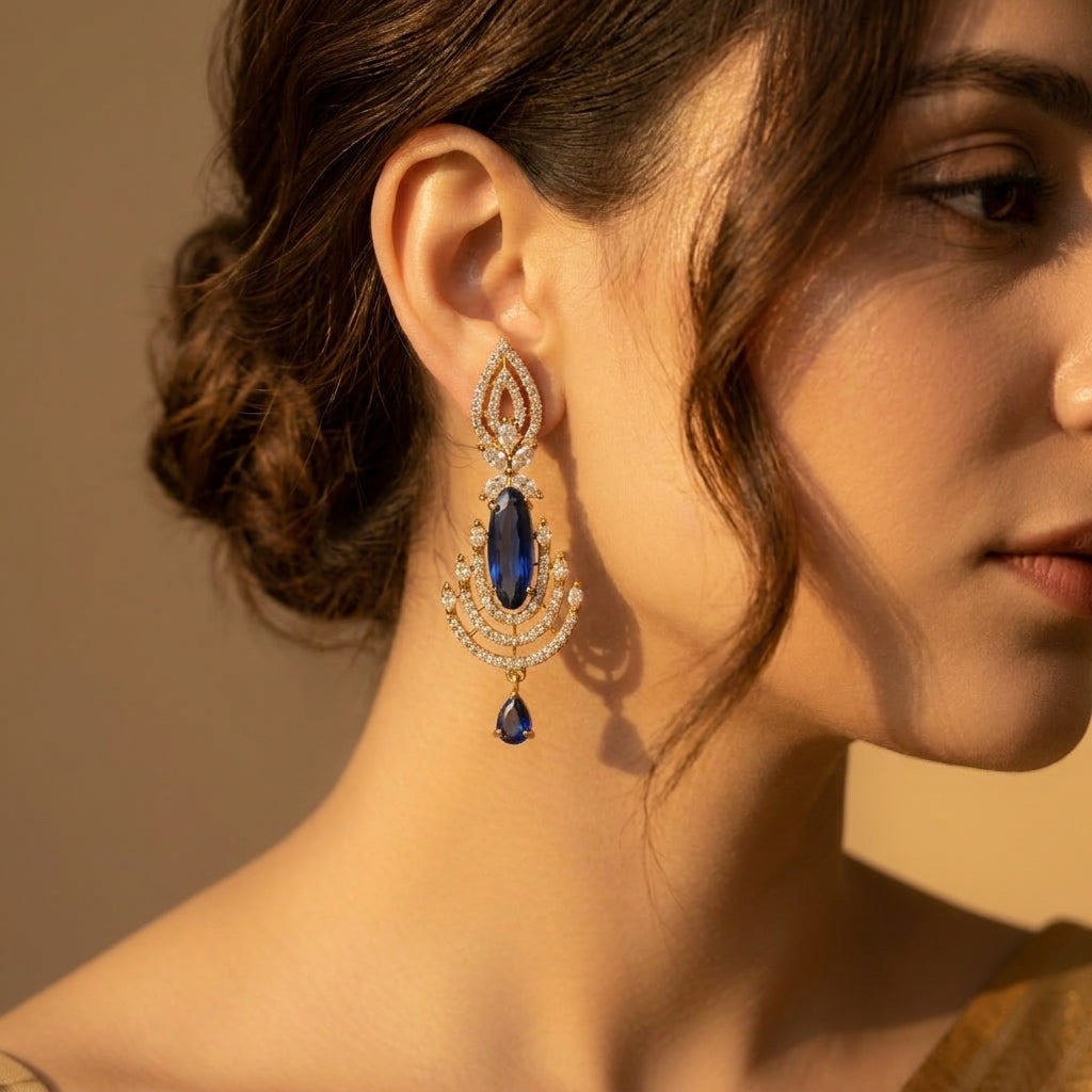 Royal Sapphire Cascade Statement Earrings - worn on model