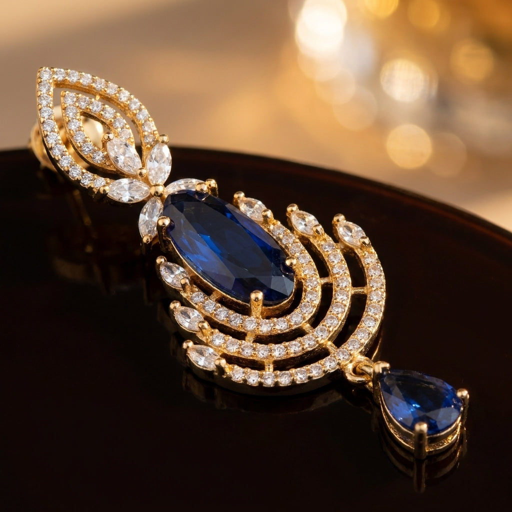 Royal Sapphire Cascade Statement Earrings - macro detail