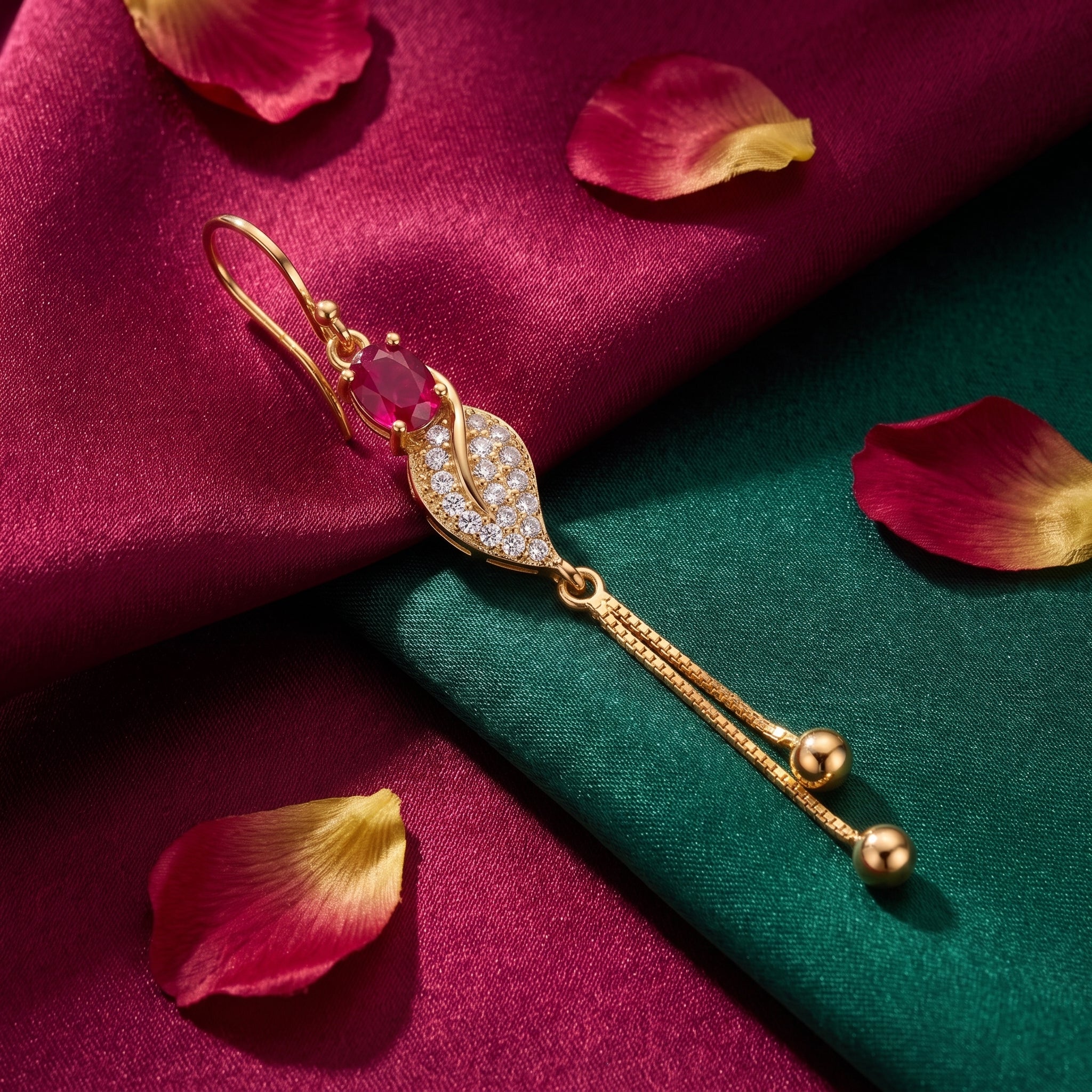 Ruby Accent Leaf Tassel Earrings