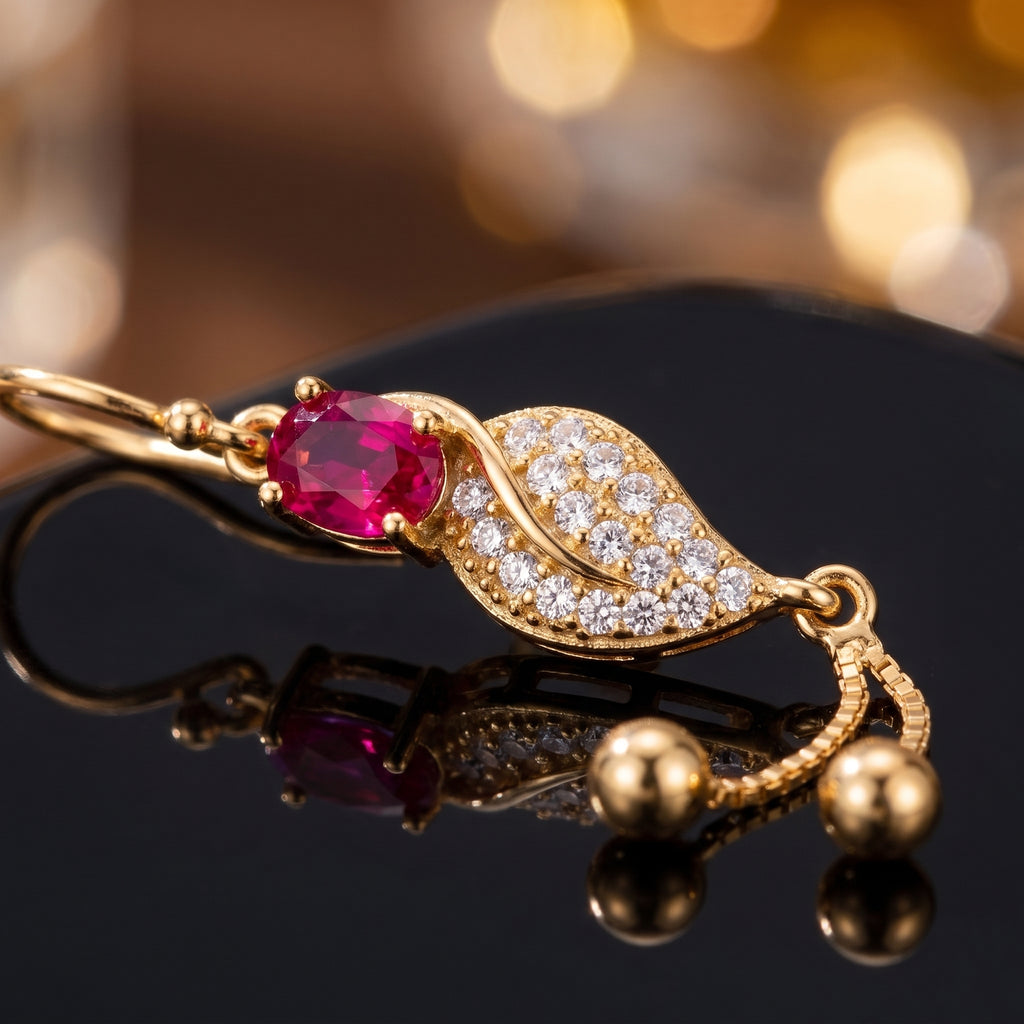 Ruby Accent Leaf Tassel Earrings