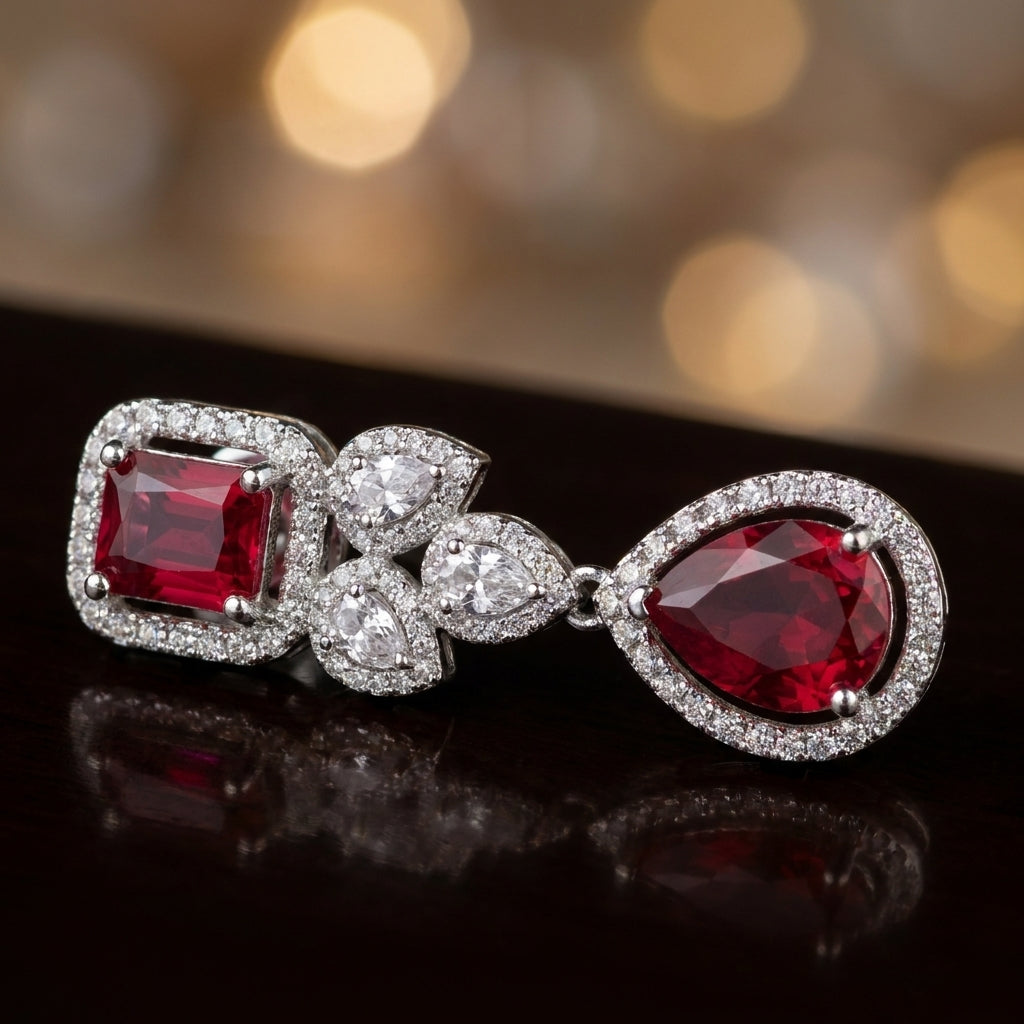 Ruby Radiance Teardrop Cluster Earrings - macro detail