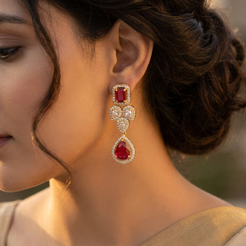 Ruby Red Crystal Drop Statement Earrings