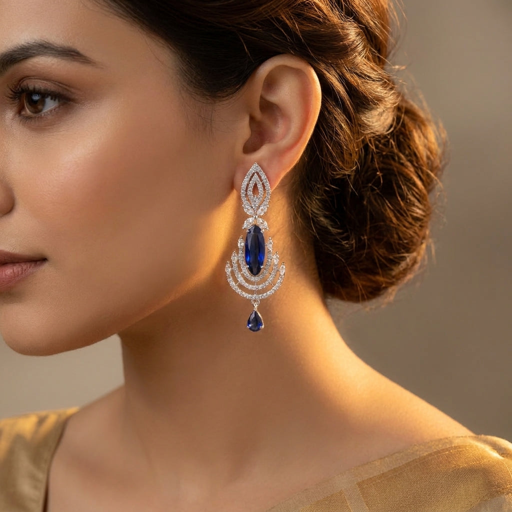 Sapphire Cascade Crystal Statement Earrings - worn on model