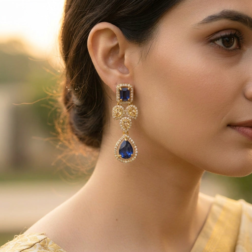 Sapphire Teardrop Cluster Statement Earrings - worn on model