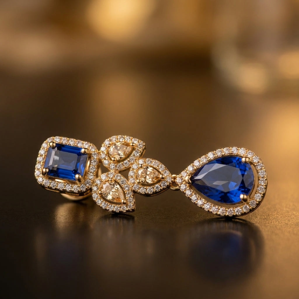 Sapphire Teardrop Cluster Statement Earrings - macro detail
