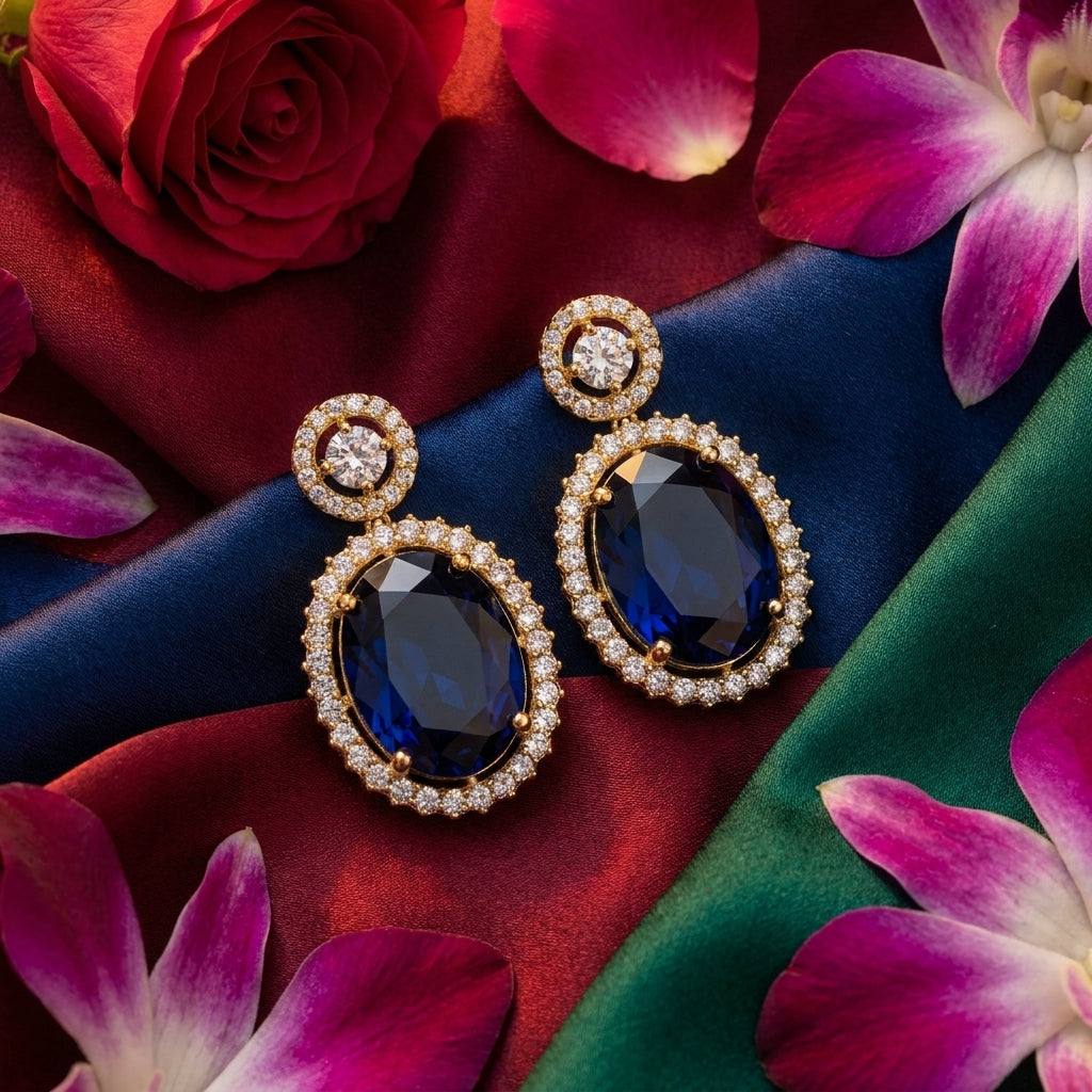 Midnight Sapphire Oval Halo Drop Earrings
