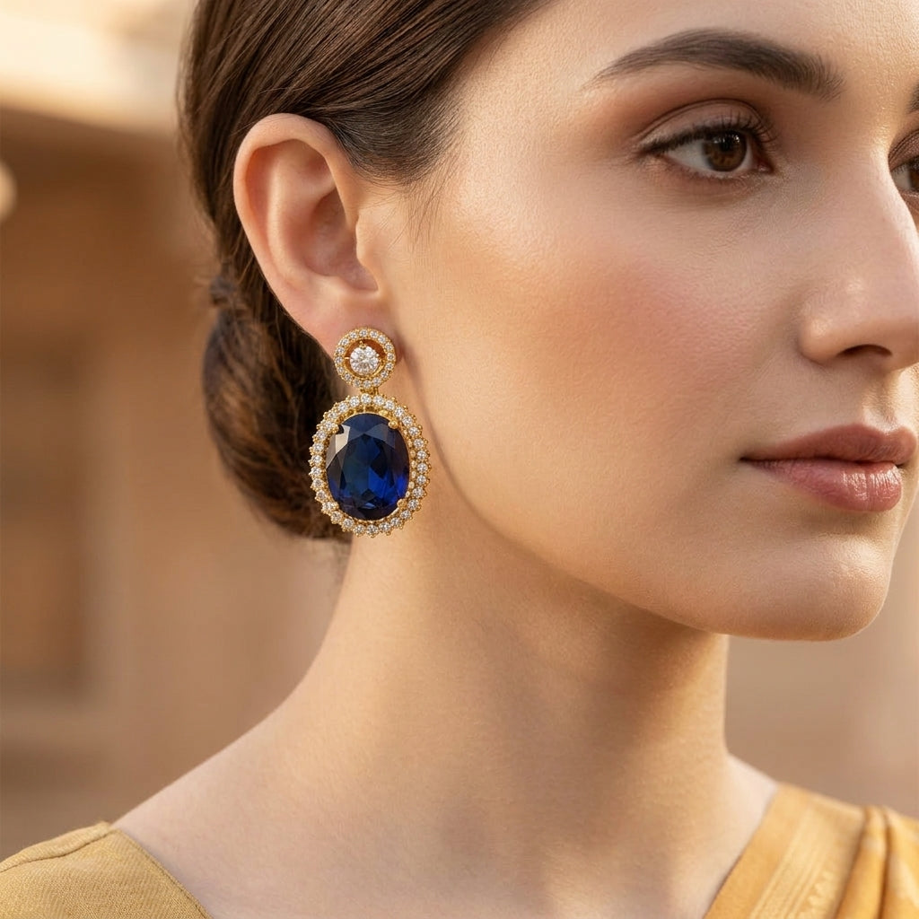 Midnight Sapphire Oval Halo Drop Earrings