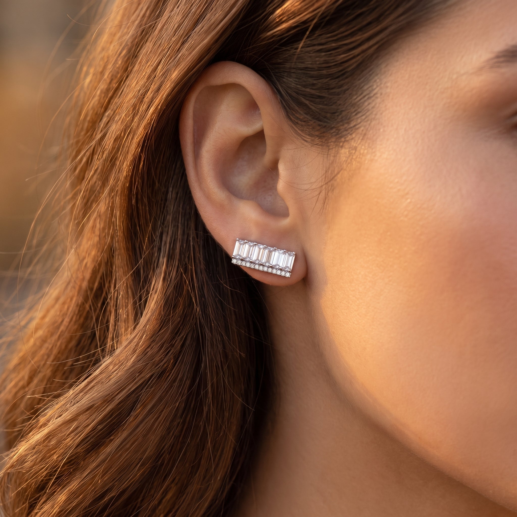 Silver Baguette Crystal Bar Stud Earrings