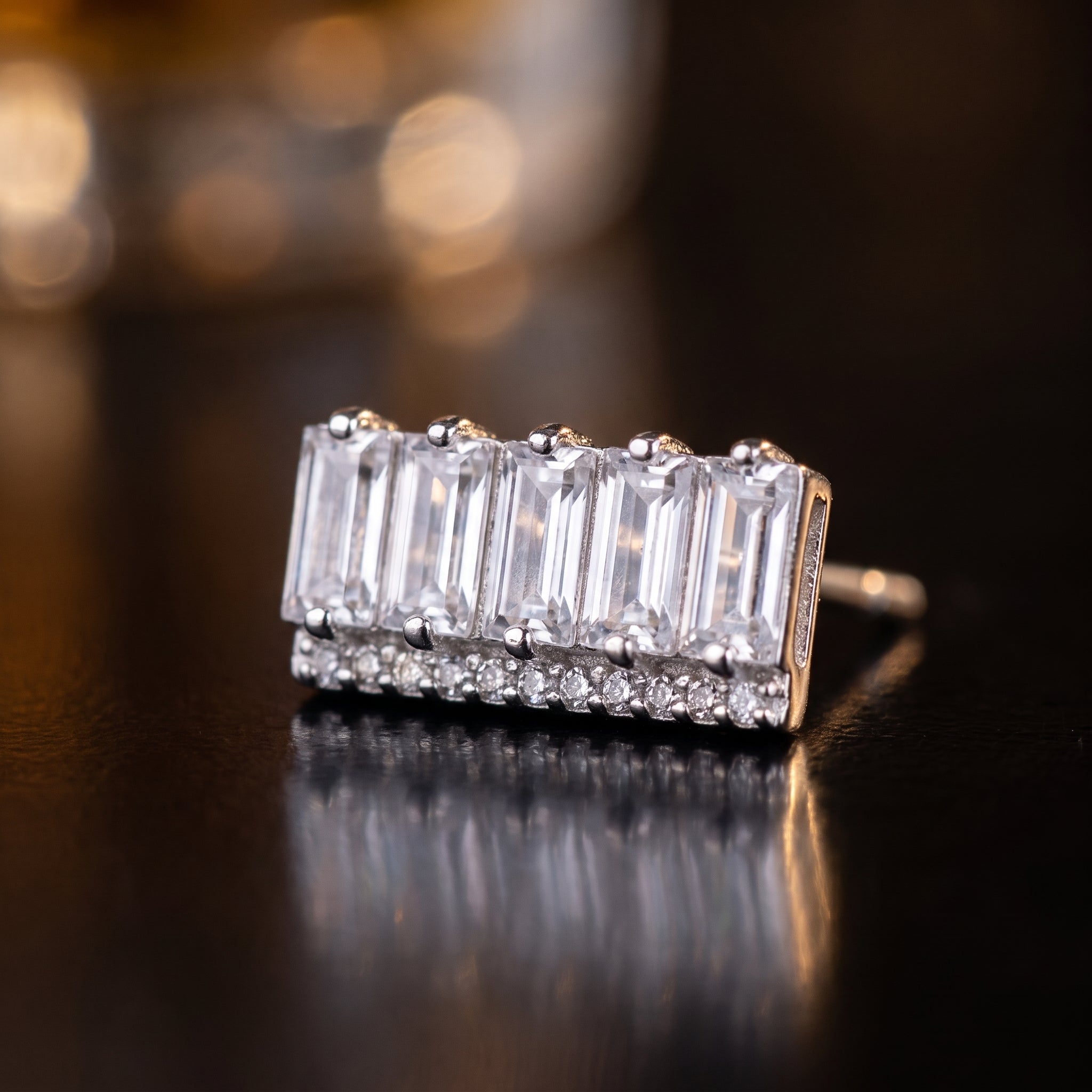 Silver Baguette Crystal Bar Stud Earrings