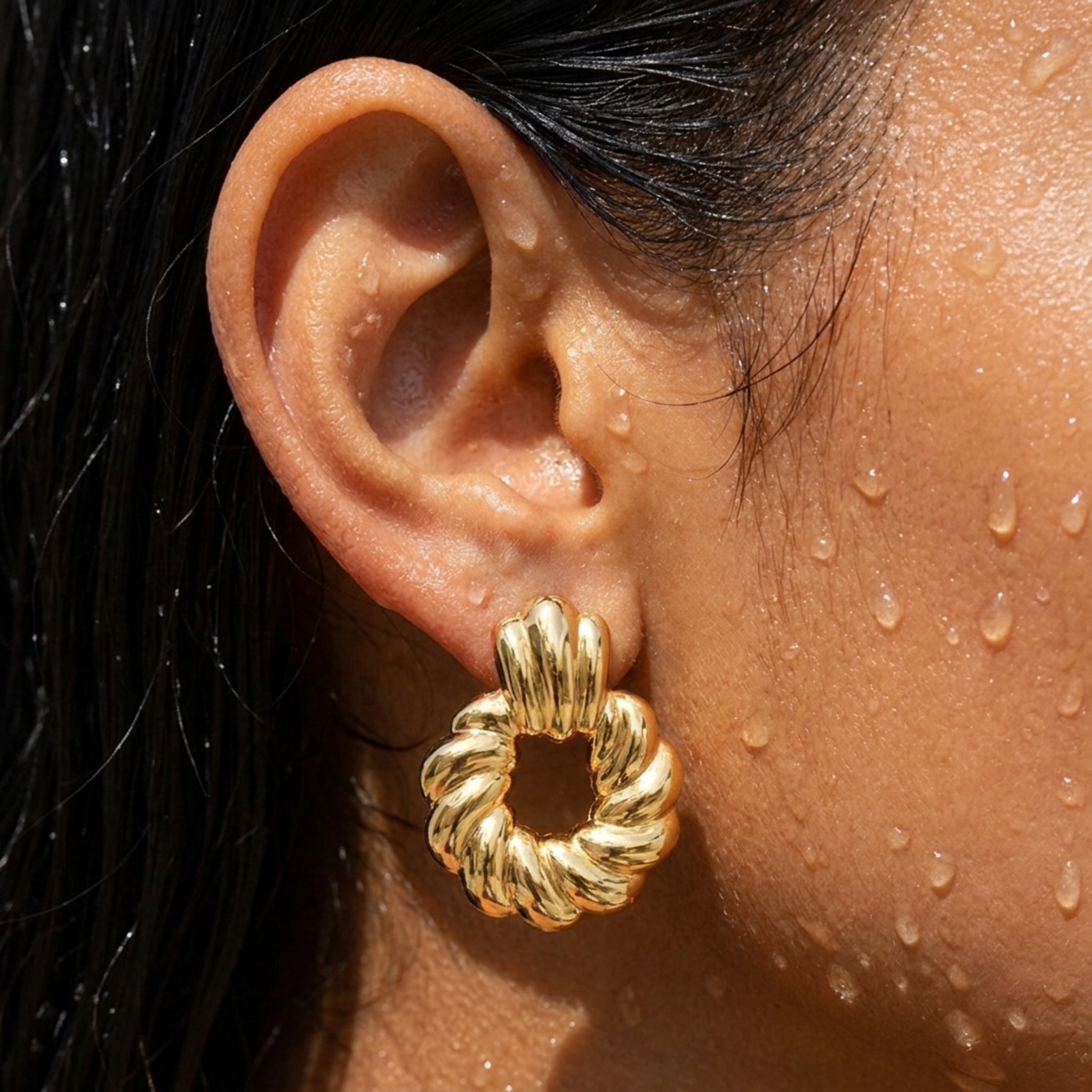 KJ-AI-GALLERY-v1 | Sculptural Ribbed Wreath Earrings — lifestyle worn shot | Krystal Jewels