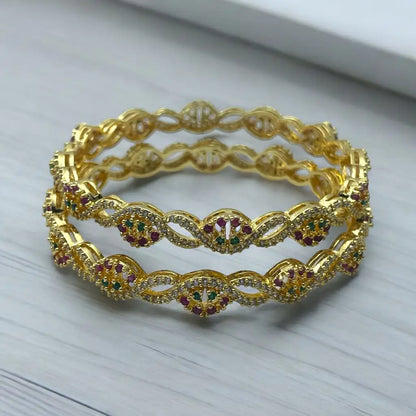 Ornate Ruby & Emerald Gold Bangle Set