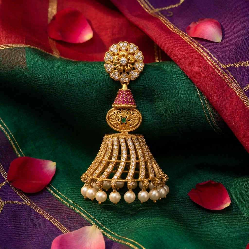 Temple Pearl Jhumka Statement Earrings