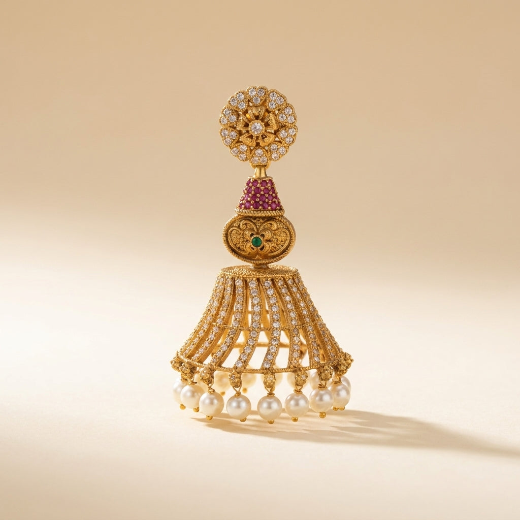 Temple Pearl Jhumka Statement Earrings