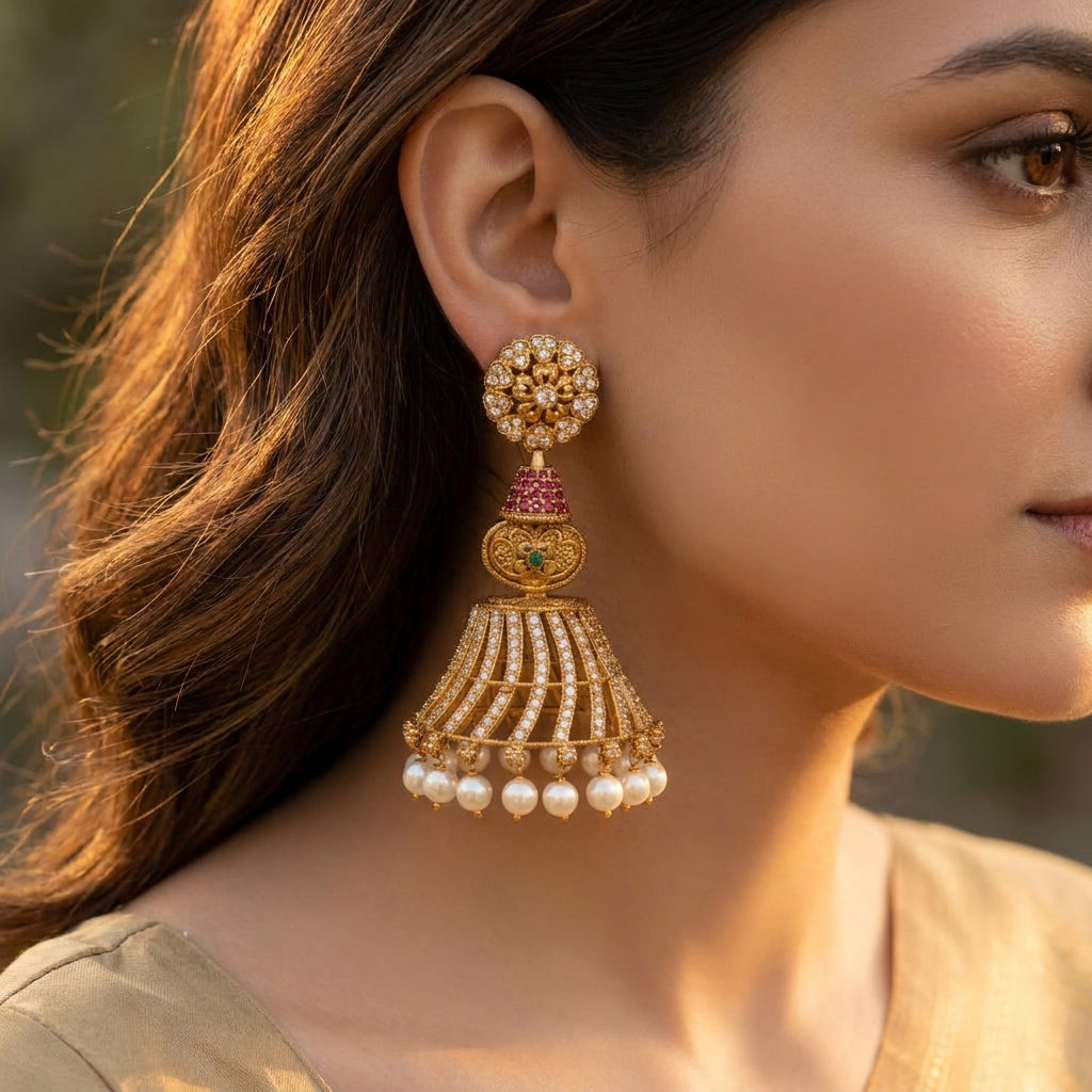 Temple Pearl Jhumka Statement Earrings