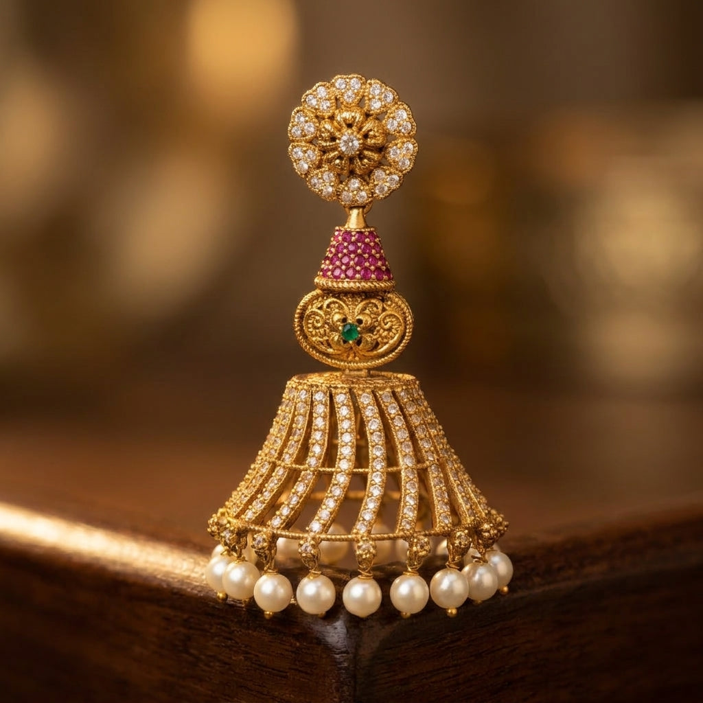 Temple Pearl Jhumka Statement Earrings