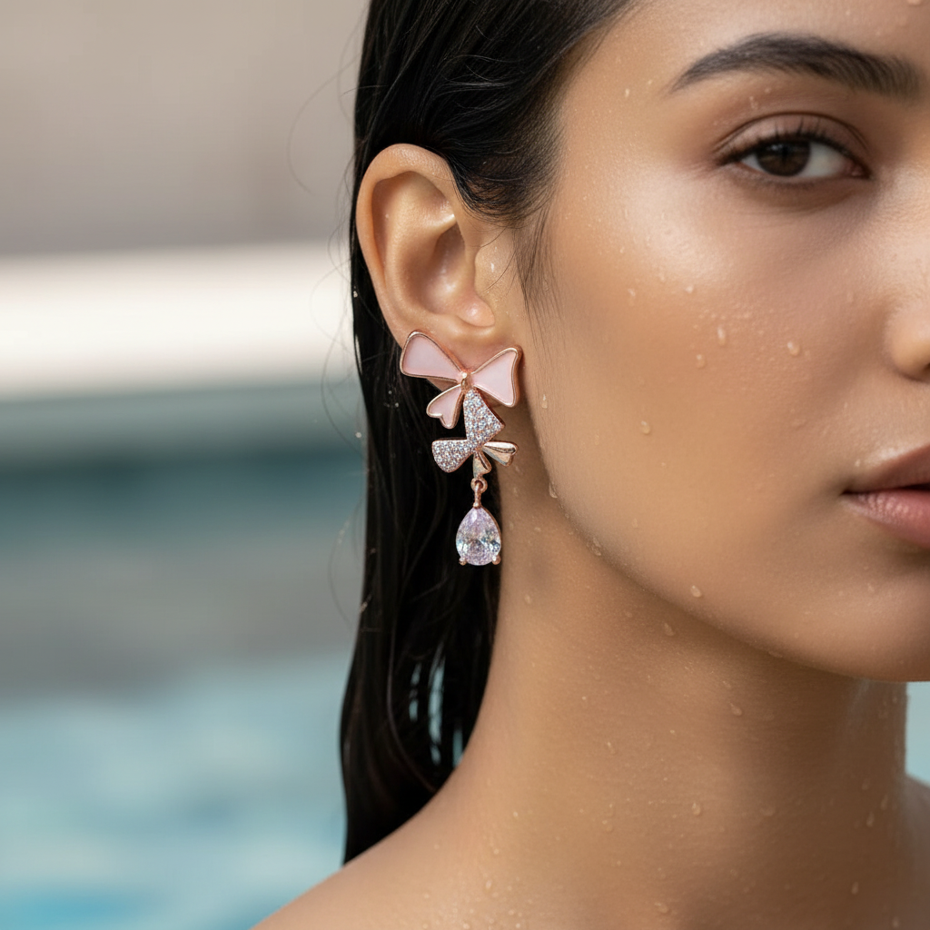 Pink Bow Crystal Drop Earrings