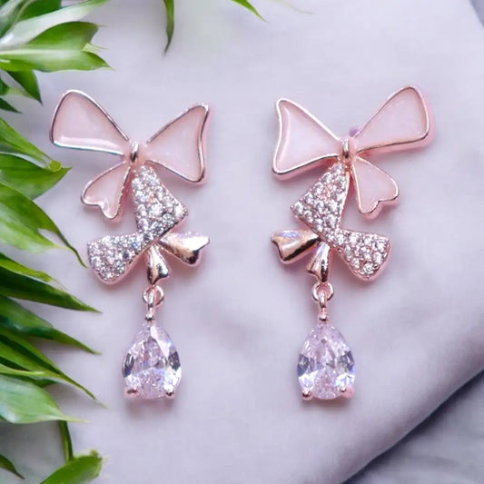 Pink Bow Crystal Drop Earrings