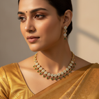 Gold-plated floral necklace and earrings set with crystal, ruby and green accents, worn by model in a gold saree